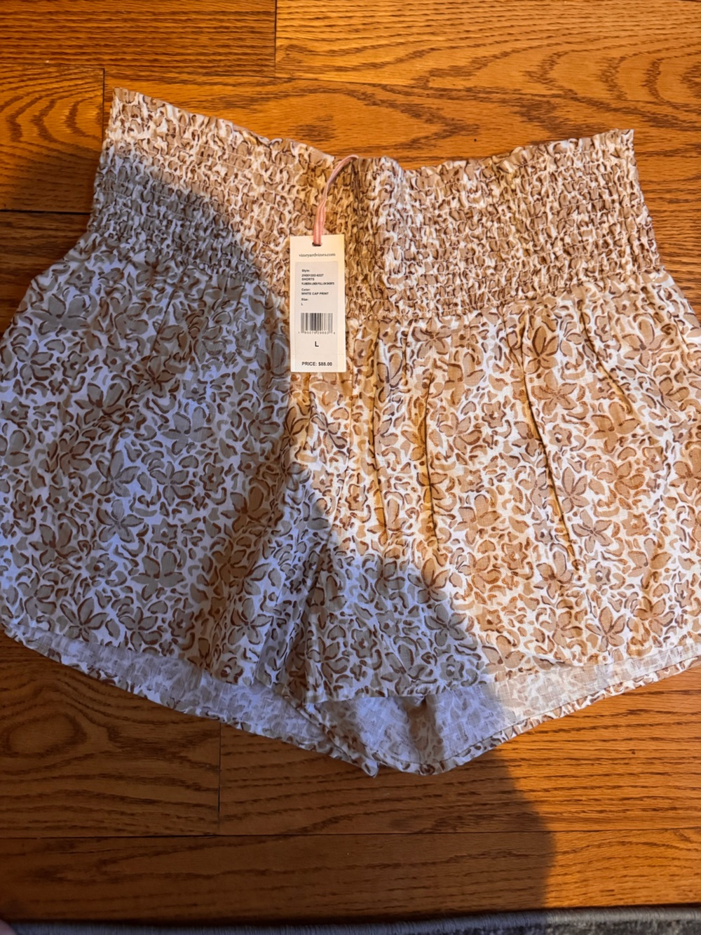 Vineyard Vines Cream and Tan Floral Smocked Mini Shorts